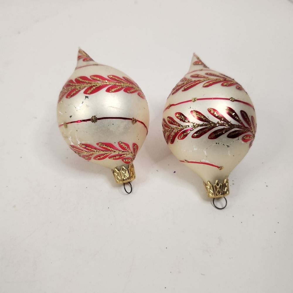 2 Vintage Glass Teardrop Christmas Ornaments Floral Red On White Mid Century MCM